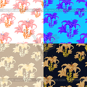 Set of flowers lily blue, pink seamless - vector clip art