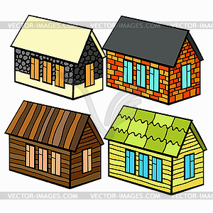 Набор деревянных домов и кирпича и камня для мультяшныйа - изображение в векторном формате