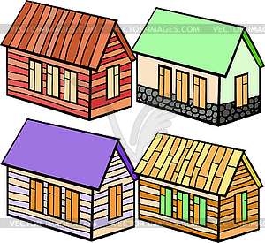 Set of wooden houses and stone cartoon - vector clipart