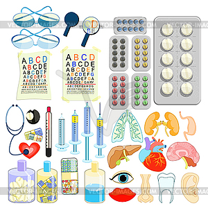 Set of medical tablets, human organs, optics. - stock vector clipart