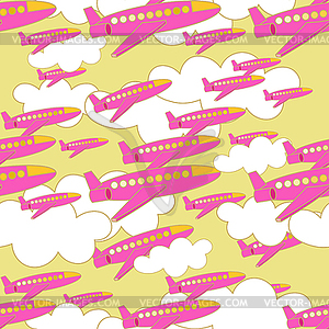 Seamless pattern with pink airplanes with clouds. - vector clipart