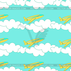 Seamless pattern with yellow airplane and clouds - vector clipart