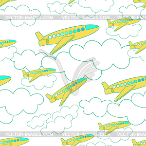 Seamless pattern with yellow airplane and clouds. - vector image