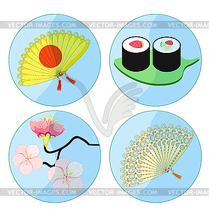 Set japan sakura, fan, rolls - vector clipart