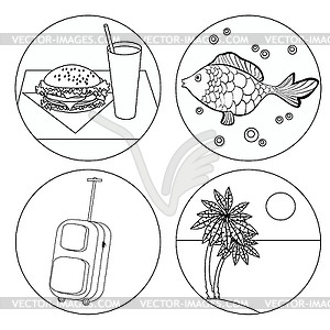 Tourism icon set Coloring food, palm, fish, luggage - vector image