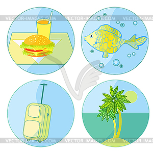 Tourism icon set food, palm, fish, luggage - vector image