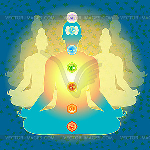 Man sitting in lotus position meditating with chakr - vector clipart