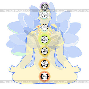 Man sitting in lotus position meditating with chakr - vector image