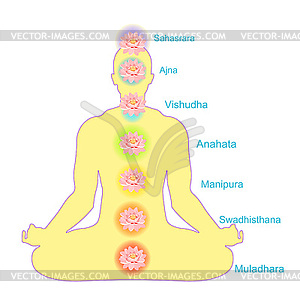 Man sitting in lotus position meditating with chakr - vector clipart