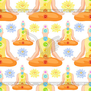 Seamless pattern man sitting in lotus position - vector image