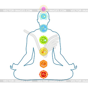 Man sitting in lotus position meditating with chakr - vector clip art