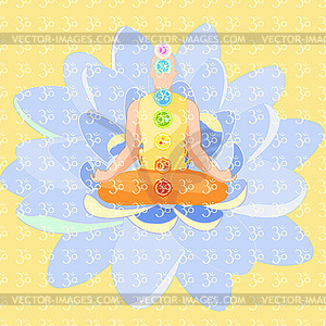 Man sitting in lotus position meditating with chakr - royalty-free vector clipart