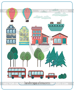 Set flat landscape elements with buildings - vector clip art