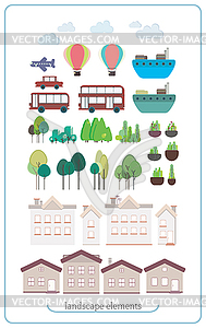 Set flat landscape elements with buildings - vector image