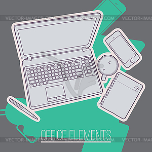 Office table with stationery items and phone - vector clipart