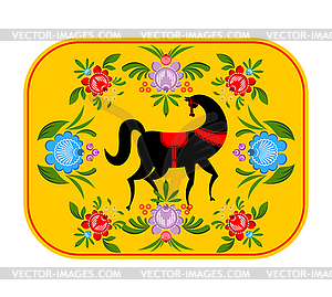 Gorodets painting Black horse and floral elements. - vector image