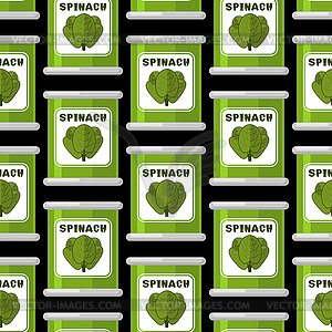 Spinach in tin seamless pattern. Useful greens - stock vector clipart