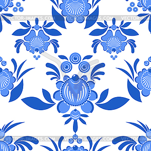 Gzhel flower seamless pattern. Flowers and leaves - vector clipart