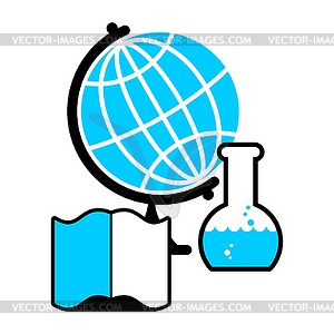 Science logo. Globe and laboratory flask. Book and - vector image