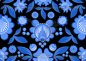 Gzhel flower seamless pattern. Flowers and leaves - vector clipart