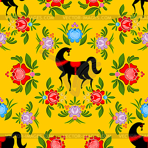 Gorodets painting Black horse and floral seamless - vector image