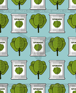 Spinach in tin seamless pattern. Useful greens - vector image