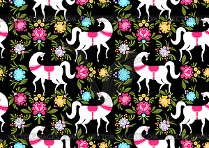 Gorodets painting Black horse and floral seamless - vector clipart