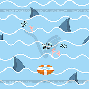 Shark in sea seamless pattern. Man drowns. Scenery - vector clip art