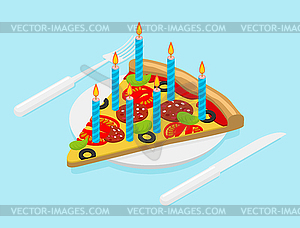 Birthday Pizza with candles isometrics. Fast food - stock vector clipart