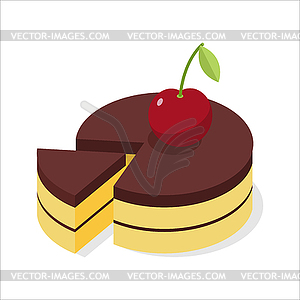Chocolate cake with fresh cherries. Piece of - vector EPS clipart