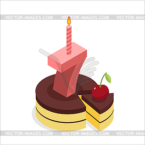 Birthday 7 years. Cake and Candle isometrics. Numbe - vector image