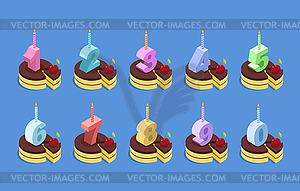 Birthday number candles and cake set. Celebratory - vector clipart