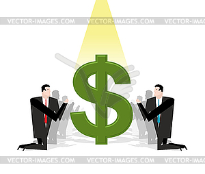 Businessman praying to dollar. Financial idol. - vector image