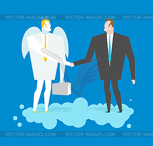 Deal with Angel. Businessman and cherub make deal i - vector image