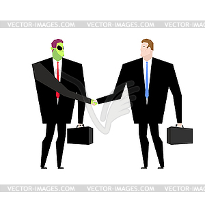 Deal with UFO. Businessman and alien conclude - vector image