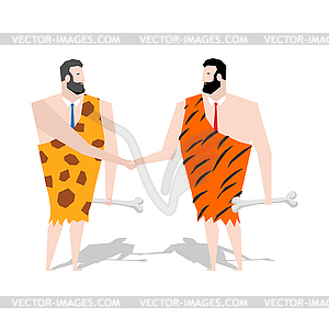 Prehistoric Businessman deal. trade with Ancient - vector image