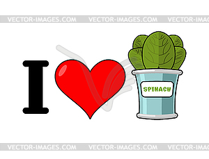 I love spinach. Heart and green leaf lettuce. Tinne - vector clip art