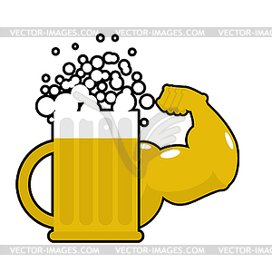 Strong beer. Mug with big muscles. Powerful alcohol - vector clip art