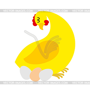 Chicken sitting on eggs. Farm bird nests baby birds - vector clipart