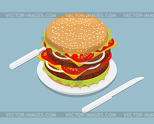 Hamburger isometrics. 3D Fast food on plate. Cutler - vector clipart
