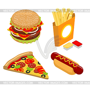 Set Fast food isometrics. Big juicy hamburger and - vector image