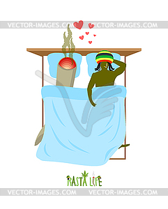 Rasta life. Rastaman and joint or spliff in bed. Ma - vector image