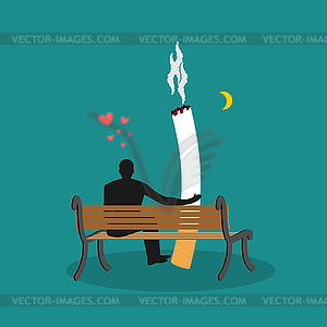 Lover smoke. Man and cigarette looking moon. - vector image