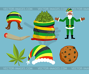 Rasta New Year icons set. Santa Claus and Big sack - vector clip art