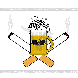 Beer and cigarettes. Alcohol and smoking sign. - vector clip art