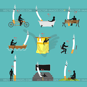 Lover smoke set. Man and cigarette in picnic. Smoke - vector clipart