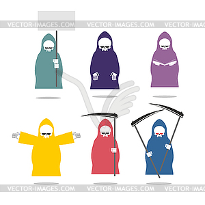 Set Grim Reaper in coloured raincoats. Death in - vector image