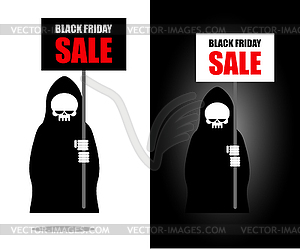 Death holds banner. Black Friday sale. Grim Reaper - vector image