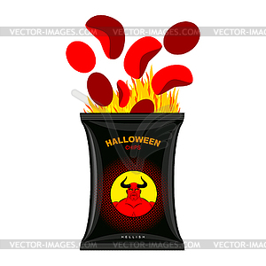 Hellish chips for Halloween. Packing snacks with - vector image