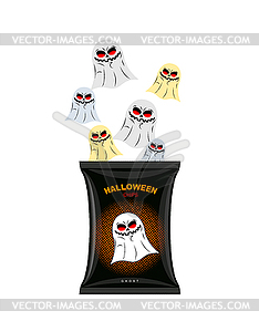 Halloween chips with ghosts. Treats for dreaded - vector clip art